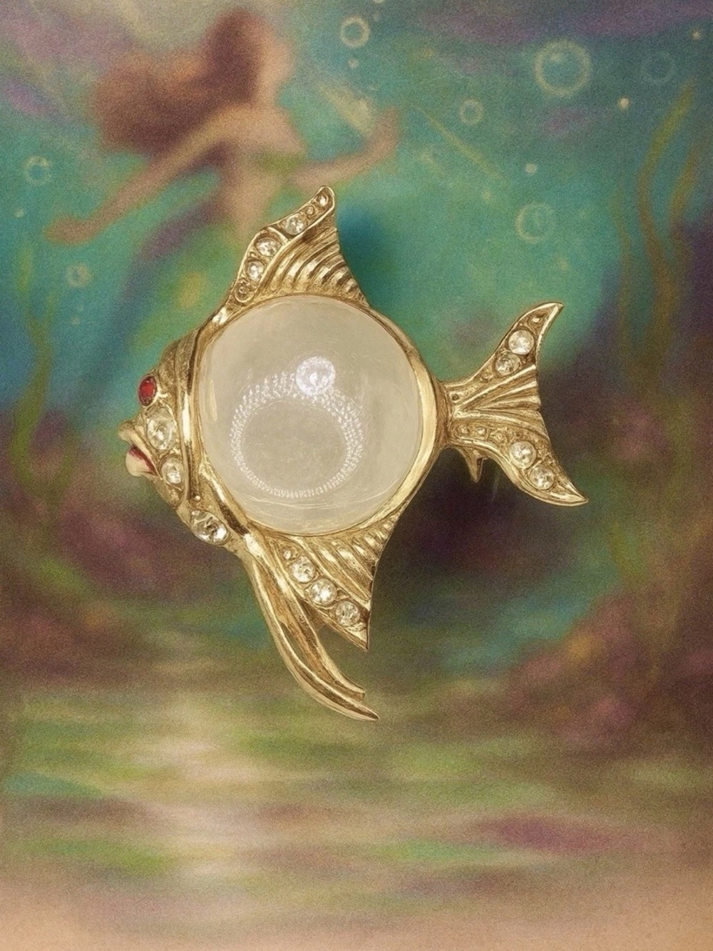 Coro Gold-Tone Imp Brooch with Clear Domed Cabochon and Crystal Accents